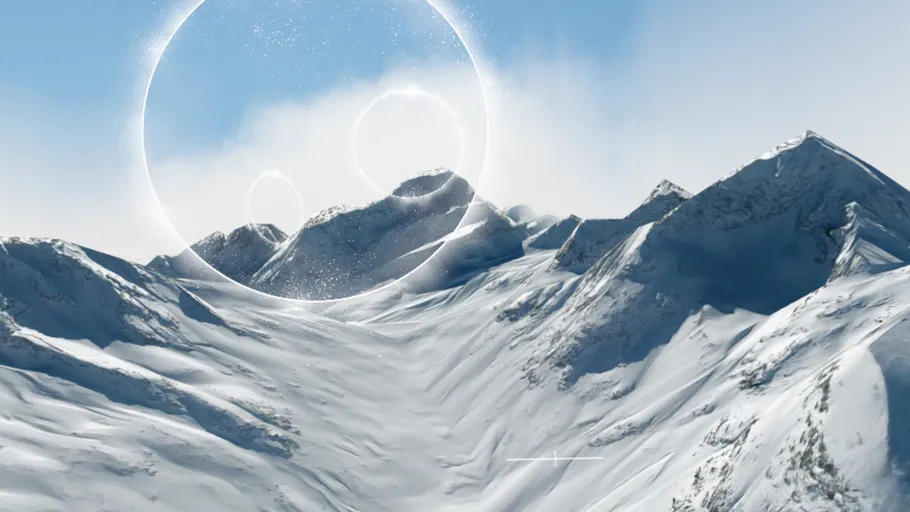 Mountains with glowing circles in the sky.