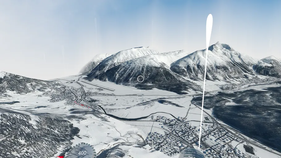 Aerial view: mountains, snowy landscape, cockpit view.