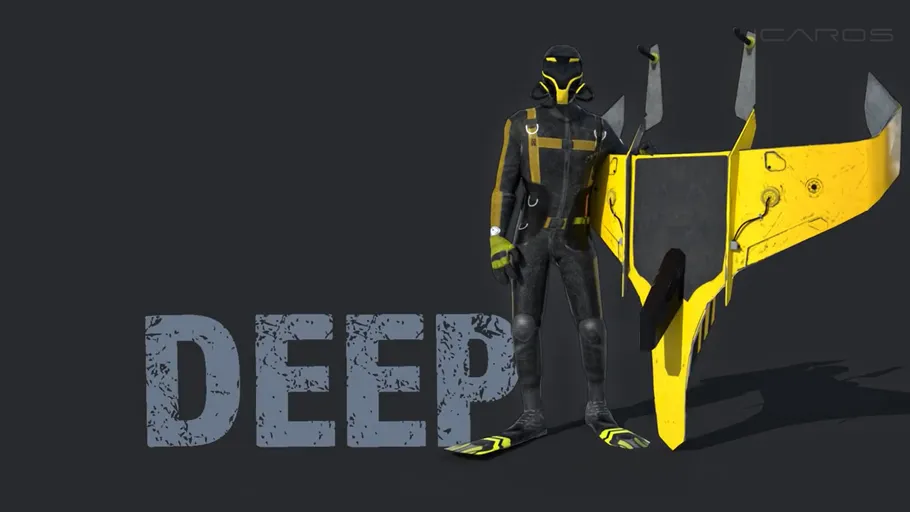 Diver in black and yellow suit with wing.