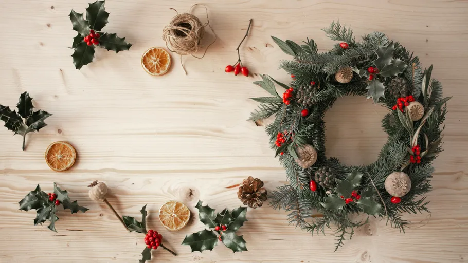 Christmas wreath with holly on wooden table.