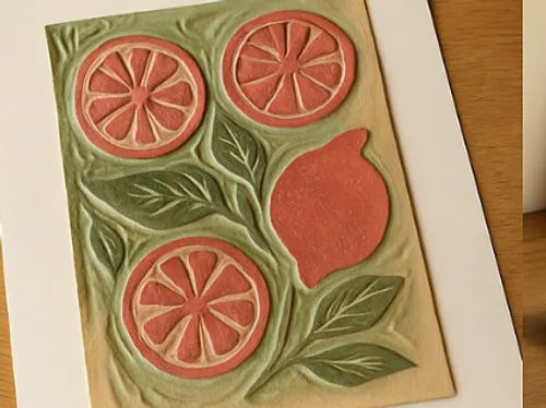 Embossed citrus fruits artwork on paper.