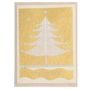 Stilisierter Weihnachtsbaum auf goldener Kartenhintergrund.