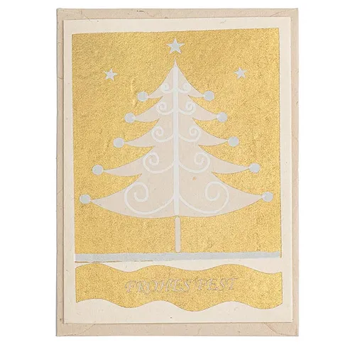 Illustrated Christmas tree on golden card.