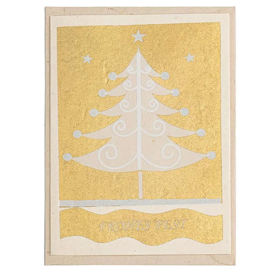 Stylized Christmas tree on golden card background.