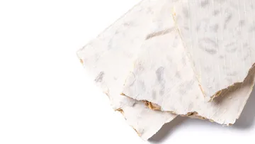Tempeh slices on a white background.