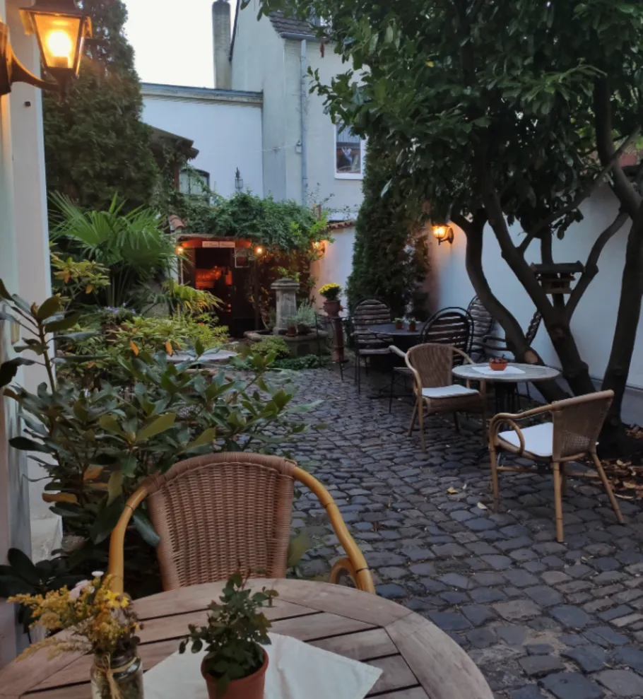 Outdoor cafe with chairs and cobblestone path.