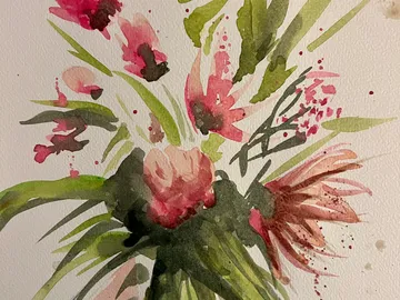 Watercolor painting of colorful abstract flowers.