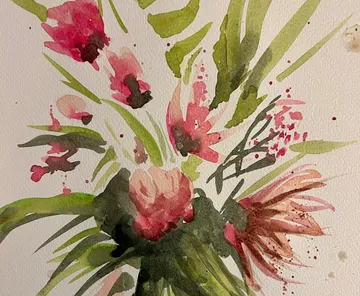 Watercolor painting of vibrant floral bouquet.