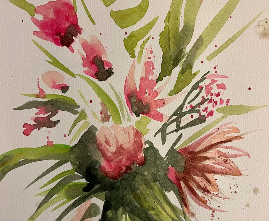 Watercolor painting of vibrant abstract flowers.
