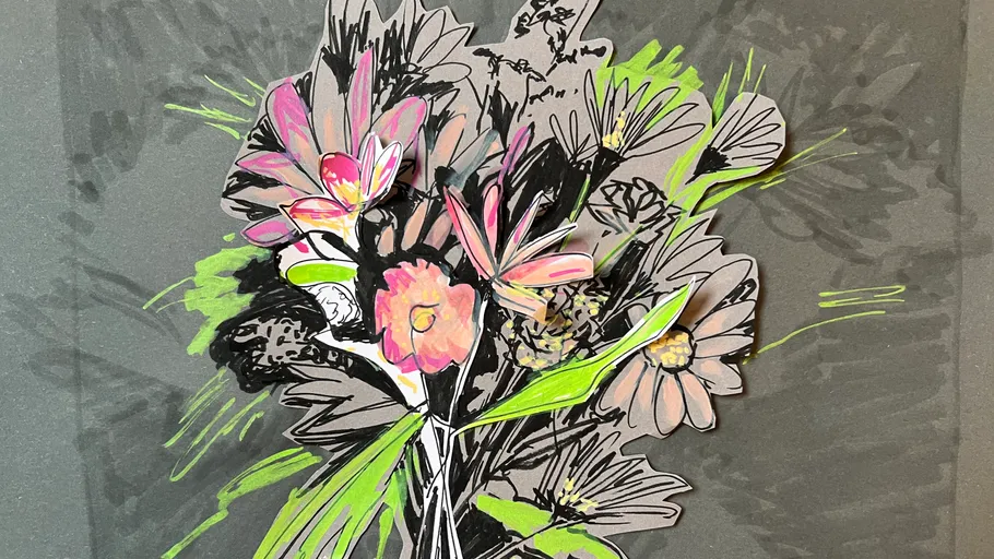 Colorful floral illustration on dark background.