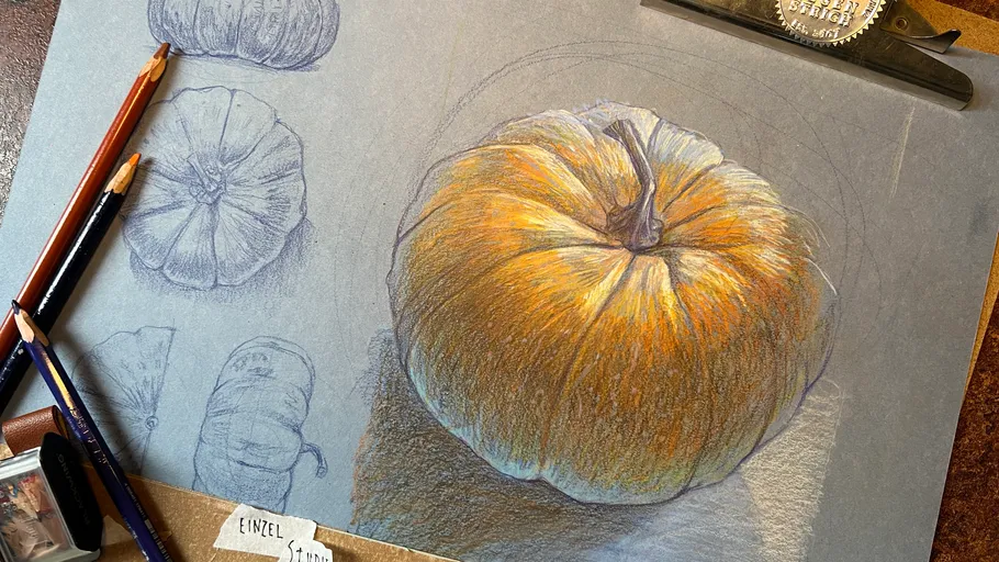 Pumpkin sketch with colored pencils on paper.