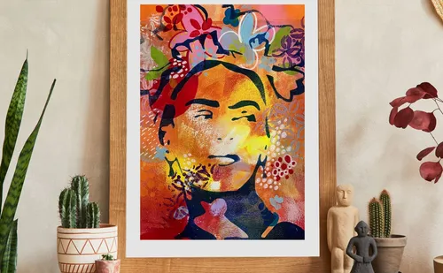 Colorful portrait with flowers in wooden frame.