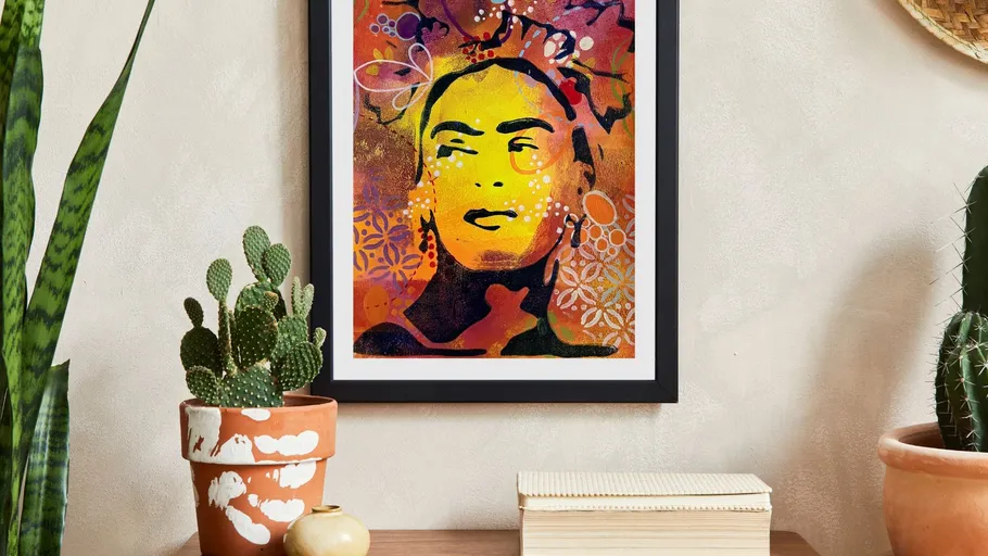 Colorful portrait of a person in a frame.