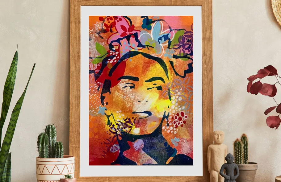 Colorful portrait with flowers surrounded by decor.