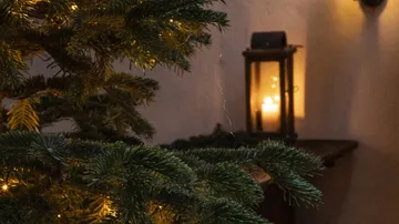 Weihnachtsbaum mit Lichtern neben Wandlaterne.