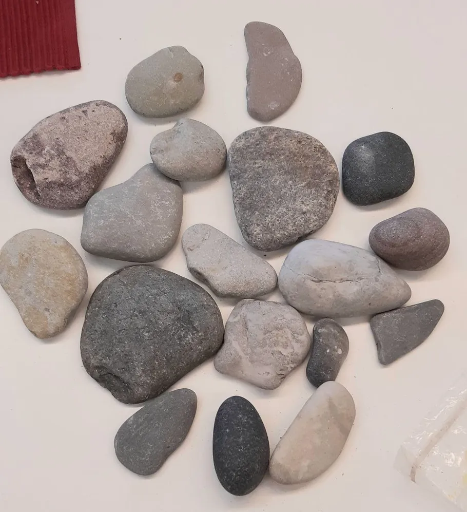 Smooth pebbles scattered on a white surface.