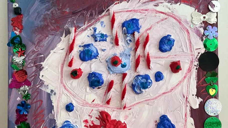 Abstract painting with mixed textures and colors.