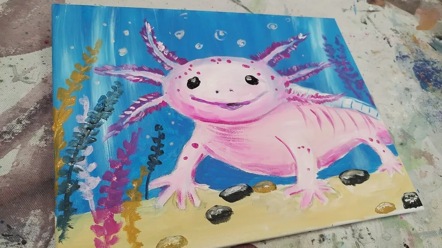 Buntes Axolotl-Gemälde mit Wasserpflanzen.