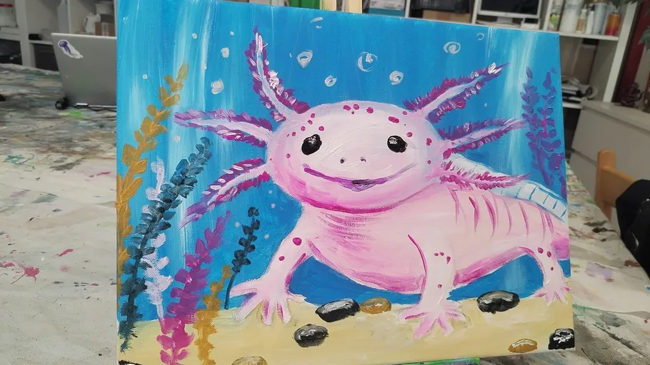 Painting of pink axolotl underwater environment.