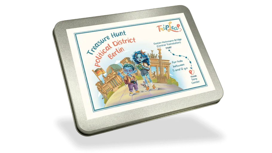 Metal tin with animated characters and Berlin landmarks.