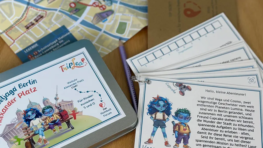 Educational kit and map for a city scavenger hunt.