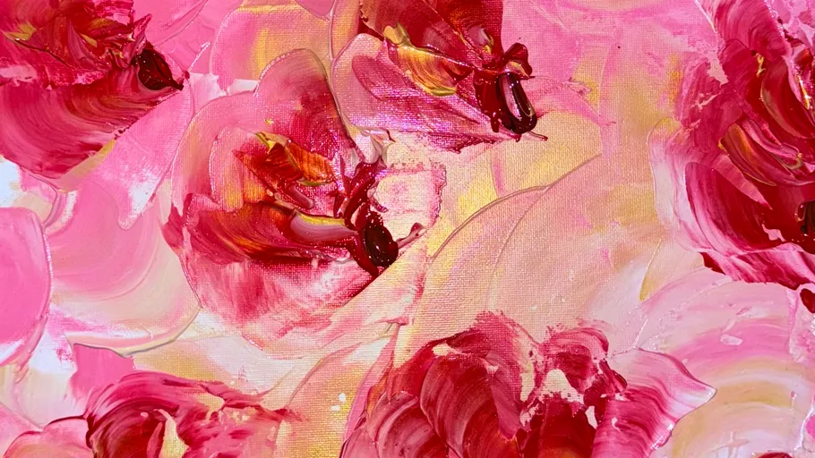 Vivid pink and red abstract floral painting.