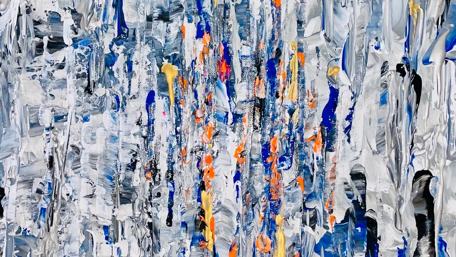 Abstraktes Gemälde mit Blau-, Orange- und Weißtönen.