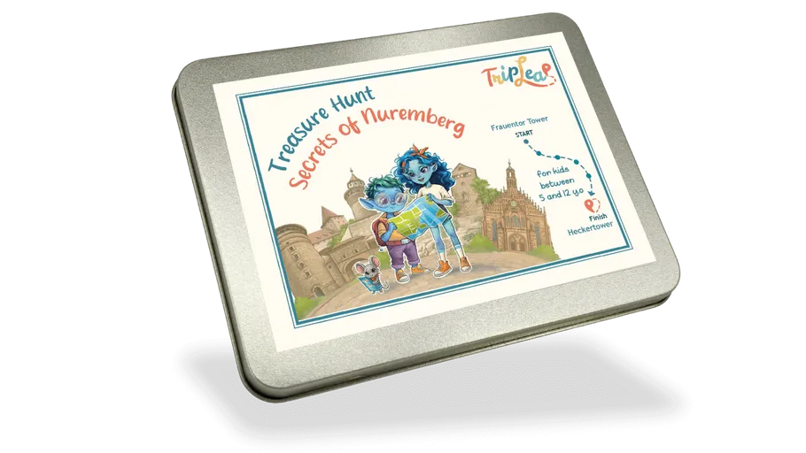 Metal box with illustrated treasure hunt design.