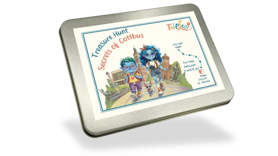 Tin box with illustrated treasure hunt design.