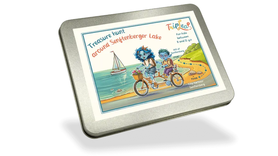 Cartoonfiguren fahren Rad am See.