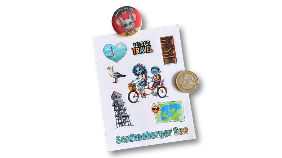 Sheet with stickers and a magnet on left.