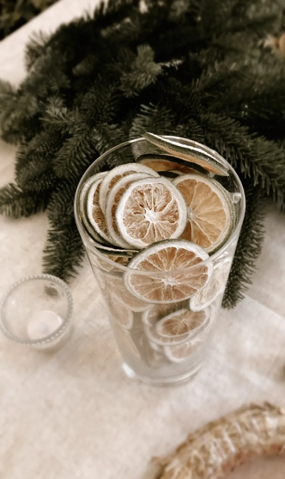 Dried citrus slices in a glass, pine branches nearby.