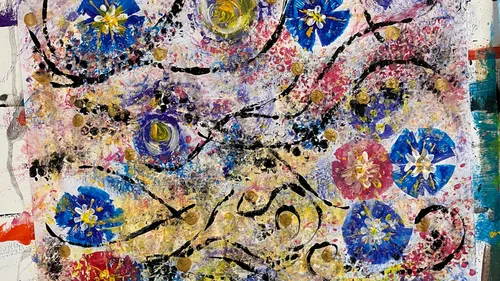 Abstract painting with colorful flowers and swirls.
