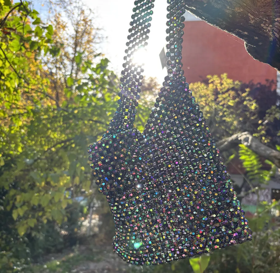 Glitzernde Tasche hängt an Ast im Freien.