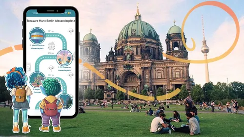 Cartoon characters and smartphone map near Berlin Cathedral.