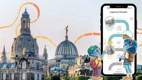 Cartoon characters exploring Dresden landmarks on phone.