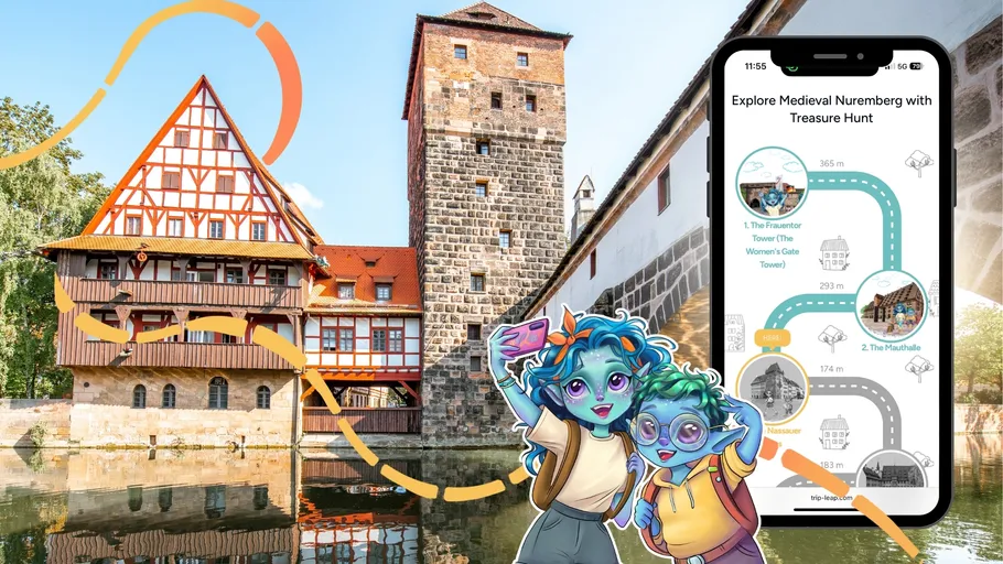Characters take selfie, Nuremberg medieval building background.