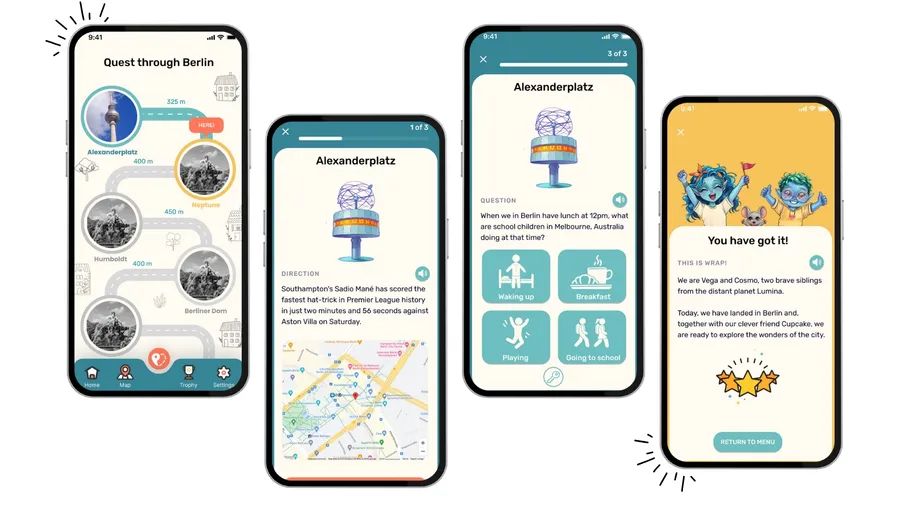 Four smartphone screens displaying a travel app.