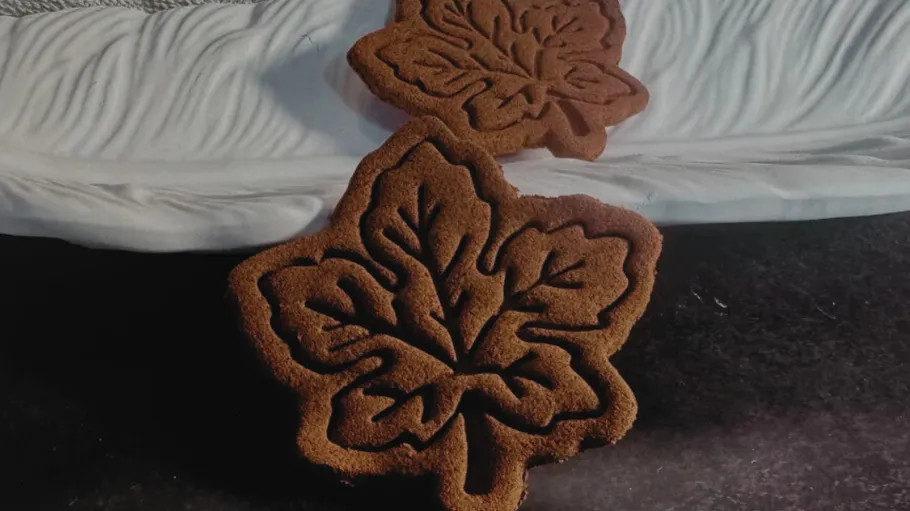 Leaf-shaped rugs on a dark floor.