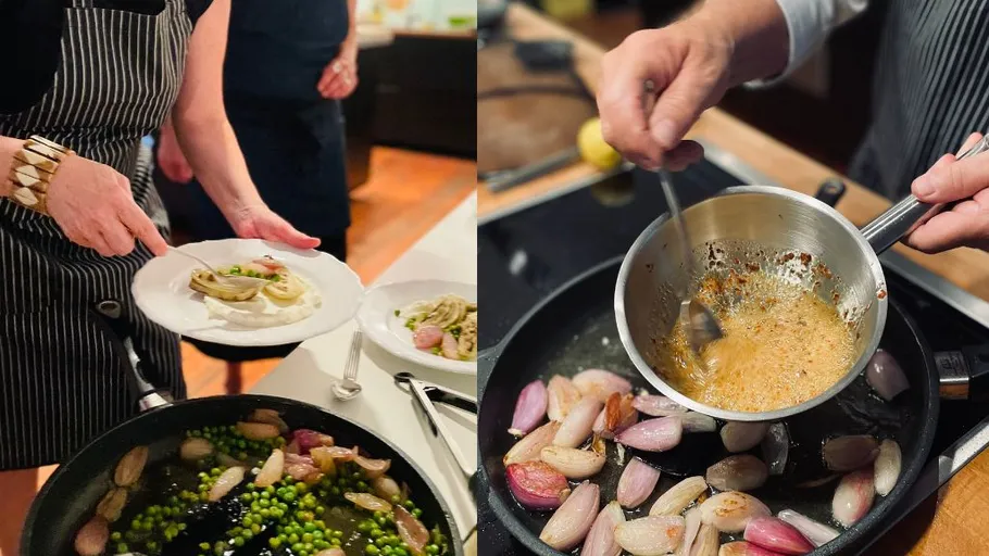 Person kocht und richtet Essen in Küche an.