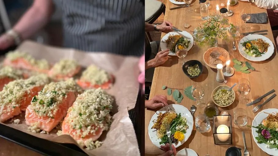 Lachsfilets zubereitet und am Esstisch serviert.