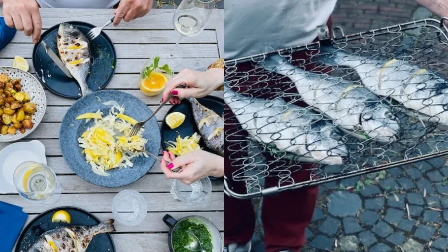 Links: Fischessen auf Tisch; Rechts: Gegrillter Fisch draußen.