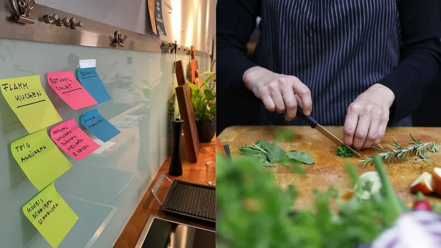 Post-its an Wand; Person schneidet Kräuter.
