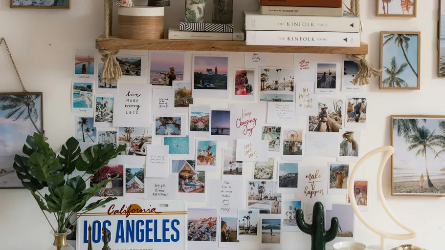 Wall collage with photos and inspiring quotes.