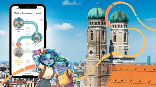 Cartoon aliens holding phone, Munich church backdrop.