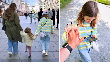 Links: Drei Personen gehen in Stadt. Rechts: Mädchen auf Handy fokussiert.