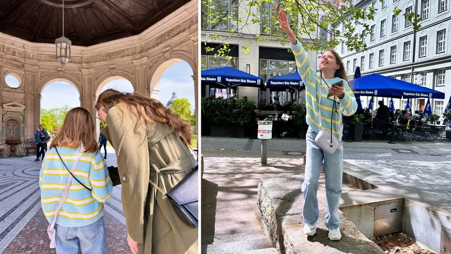 Zwei Personen im Pavillon; Frau zeigt nach draußen.