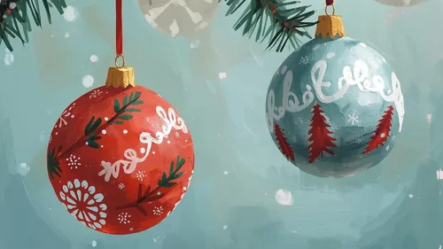 Decorative baubles hanging on pine branches.