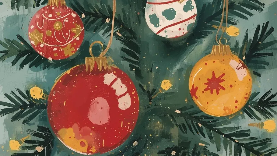 Weihnachtsornamente hängen an Baumzweigen.