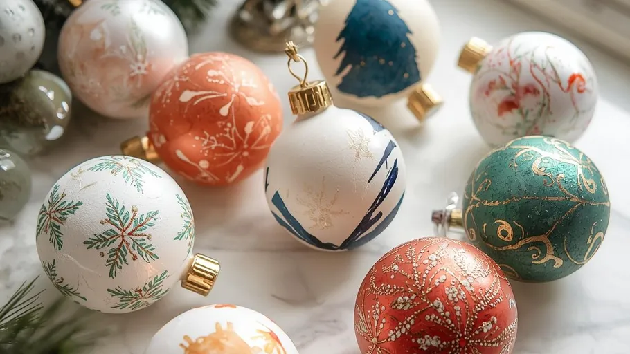 Bunte Weihnachtskugeln auf Marmortisch.